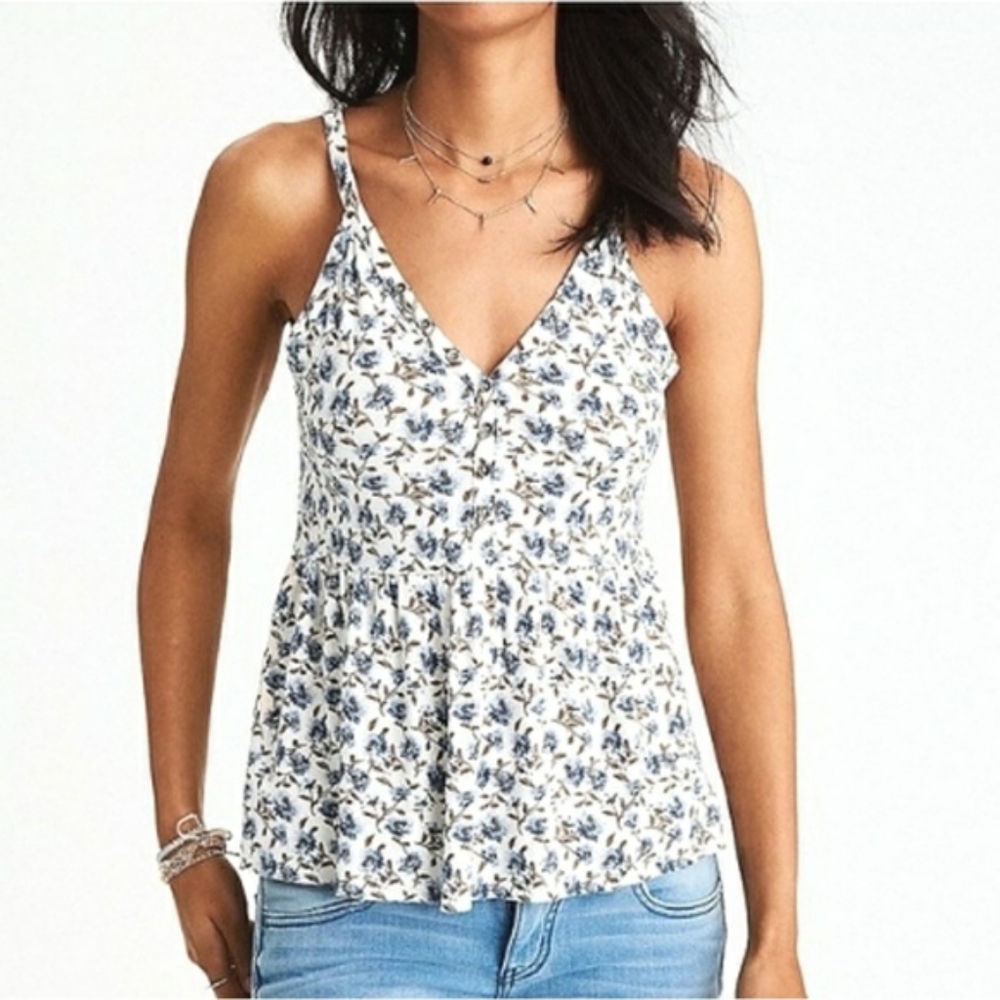 American Eagle Outfitters Soft and Sexy Tank Blue White Floral Ruffled Camisole